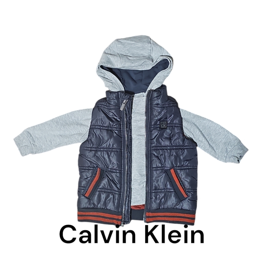 Blue and red kids Calvin Klein jeans puffer vest and sweatshirt